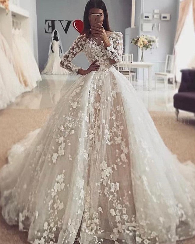 Delicate Lace Appliques Long Sleeves Wedding Dresses | Floral Puffy Ball Gown Bridal Dresses | Suzhoufashion Delicate Lace Appliques Long Sleeves Wedding Dresses | Floral Puffy Ball Gown Bridal Dresses | Suzhoufashion