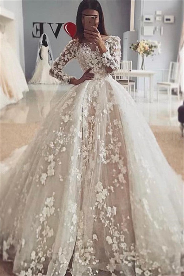 Delicate Lace Appliques Long Sleeves Wedding Dresses