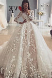 Delicate Lace Appliques Long Sleeves Wedding Dresses | Floral Puffy Ball Gown Bridal Dresses