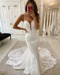 Delicate Lace Appliques Mermaid Beach Wedding Dresses | Spaghetti Straps Sleeveless Bridal Gowns