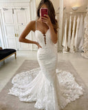 Delicate Lace Appliques Mermaid Wedding Dresses | Spaghetti Straps Sleeveless Bridal Gowns
