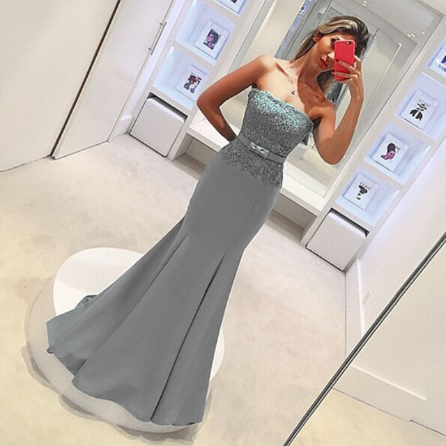 Delicate Lace Strapless Evening Dress with Bow Sleeveless Mermaid Prom Dress