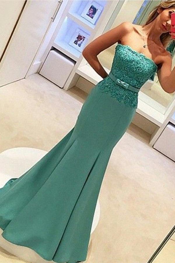 Delicate Lace Strapless Evening Dress with Bow Sleeveless Mermaid Prom Dress