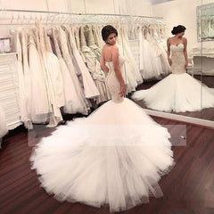 Delicate Sleeveless Mermaid Lace Appliques Bridal Dress Sweetheart Tulle Wedding Dress
