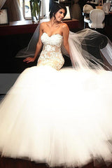 Delicate Sleeveless Mermaid Lace Appliques Bridal Dress Sweetheart Tulle Wedding Dress