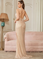 Deluxe Floor-Length Mermaid V-Neck Spaghetti Straps Sequined Prom Dresses with Slit