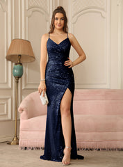 Deluxe Floor-Length Mermaid V-Neck Spaghetti Straps Sequined Prom Dresses with Slit