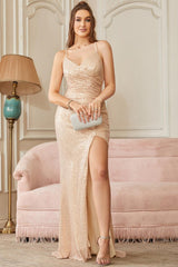 Deluxe Floor-Length Mermaid V-Neck Spaghetti Straps Sequined Prom Dresses with Slit