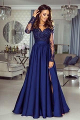 Design Dark Blue Long Sleeve Prom Dress With Lace