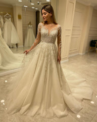 Designer A-Line Long Sleeves Wedding Dresses With Lace