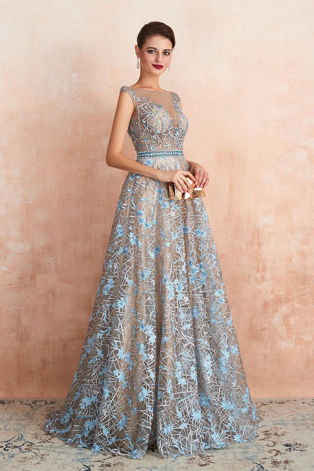 Designer Cap Sleeves Crystal Long Prom Dress With Blue Appliques