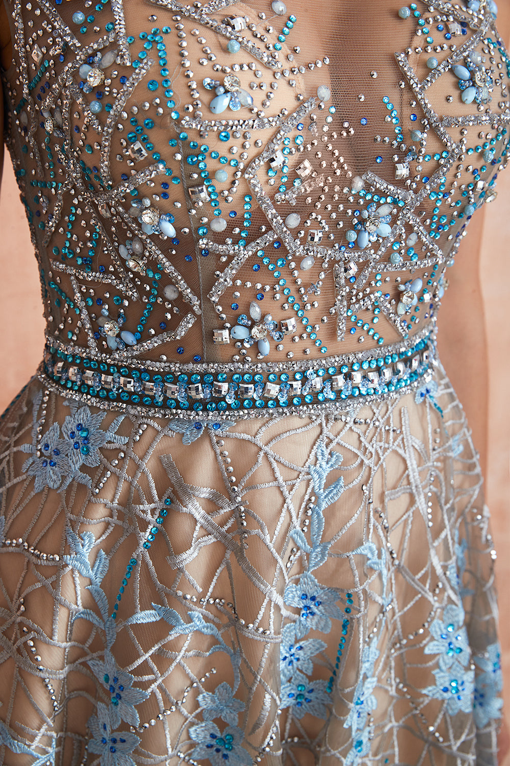 Designer Cap Sleeves Crystal Long Prom Dress With Blue Appliques