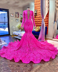 Designer Fuchsia V-neck Mermaid Sparkle Long Prom Dress With Long Sleeves