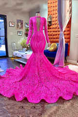 Designer Fuchsia V-neck Mermaid Sparkle Long Prom Dress With Long Sleeves