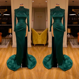 Designer Long Dark Green High Neck Long Sleeves Beading Prom Dress Split Long