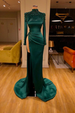 Designer Long Dark Green High Neck Long Sleeves Beading Prom Dress Split Long