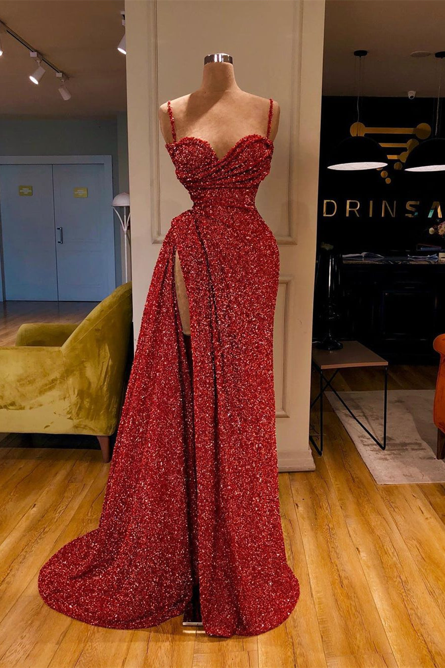 Designer Long Mermaid Spaghetti Straps Sequins Prom Dress Split Long
