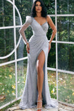 Designer Long One Shoulder Glitter Prom Dresses With Sleeves