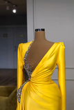 Designer Long Yellow V-Neck Sequined Split Prom Dress With Long Sleeves