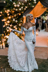 Designer Off-the-shoulder Long Sleeves Mermaid Wedding Dresses With Lace