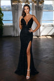 Designer Sequined V-Neck Evening Dress Long Black Prom Dress