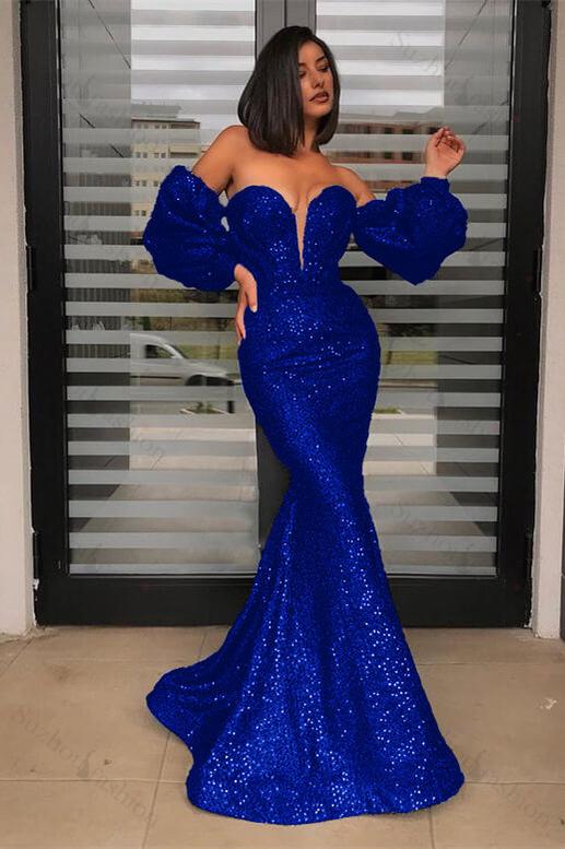 Detachable Sleeves Black Prom Dress Strapless Sweetheart Sequined Evening Formal Dress Mermaid