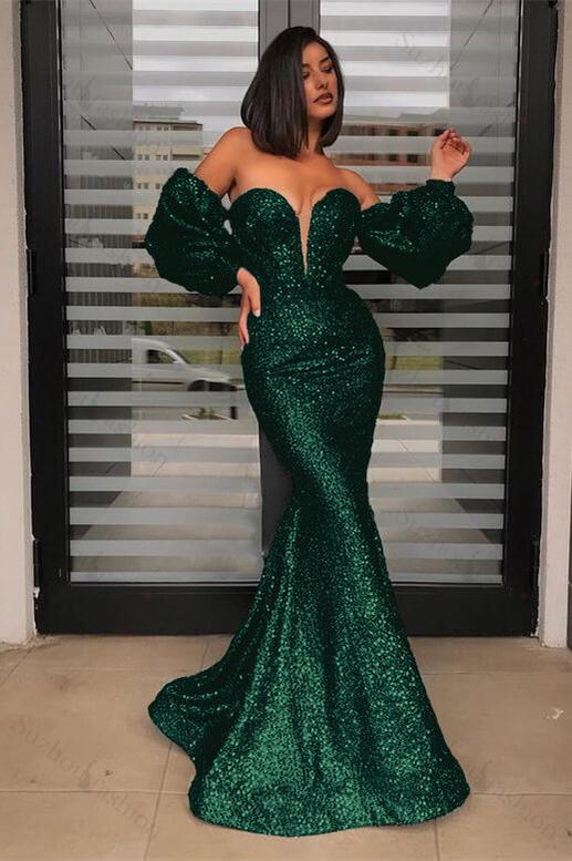 Detachable Sleeves Black Prom Dress Strapless Sweetheart Sequined Evening Formal Dress Mermaid