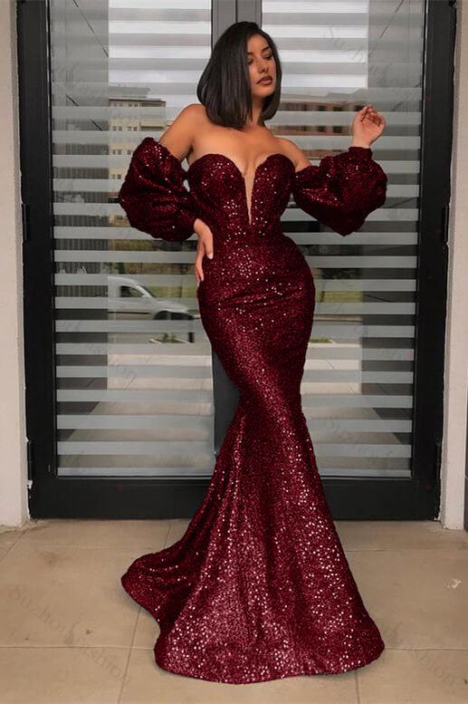 Detachable Sleeves Black Prom Dress Strapless Sweetheart Sequined Evening Formal Dress Mermaid