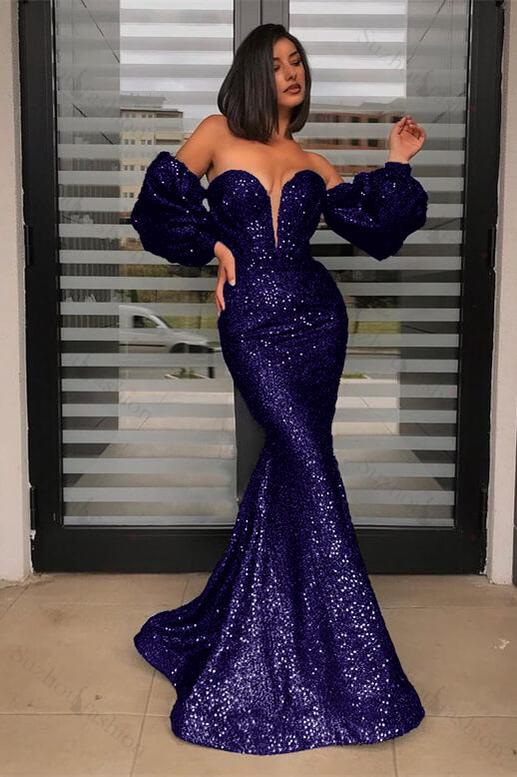 Detachable Sleeves Black Prom Dress Strapless Sweetheart Sequined Evening Formal Dress Mermaid