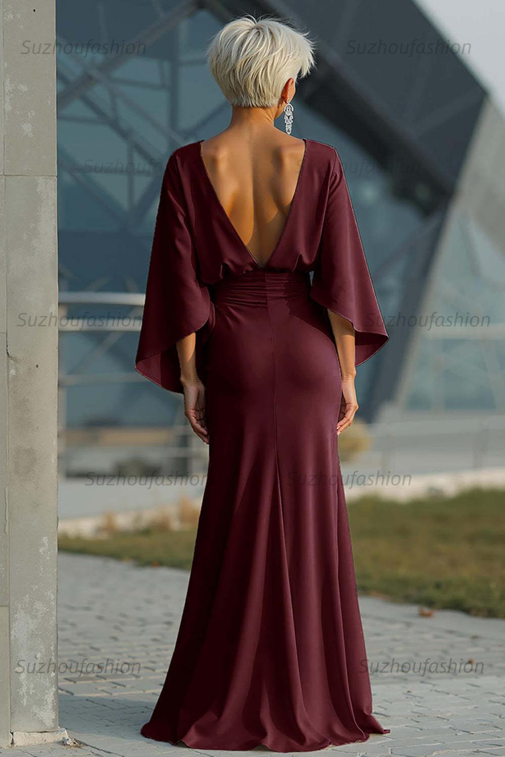 Dreamyannie Elegant Navy Satin Mermaid Backless Long Mother Of The Bride Dress With Pockets