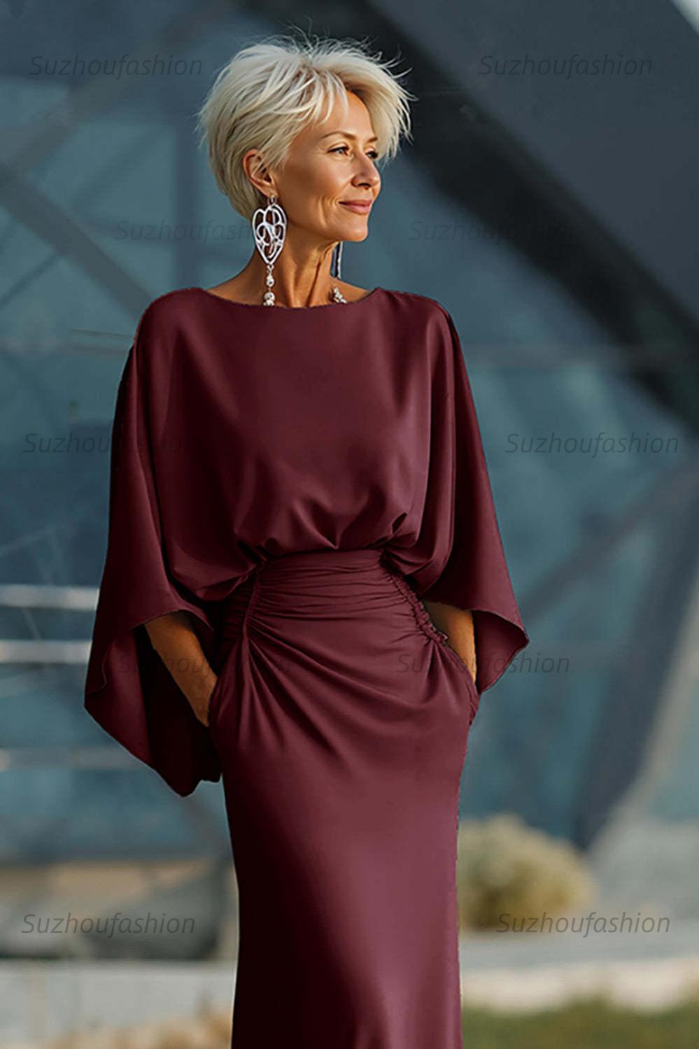 Dreamyannie Elegant Navy Satin Mermaid Backless Long Mother Of The Bride Dress With Pockets