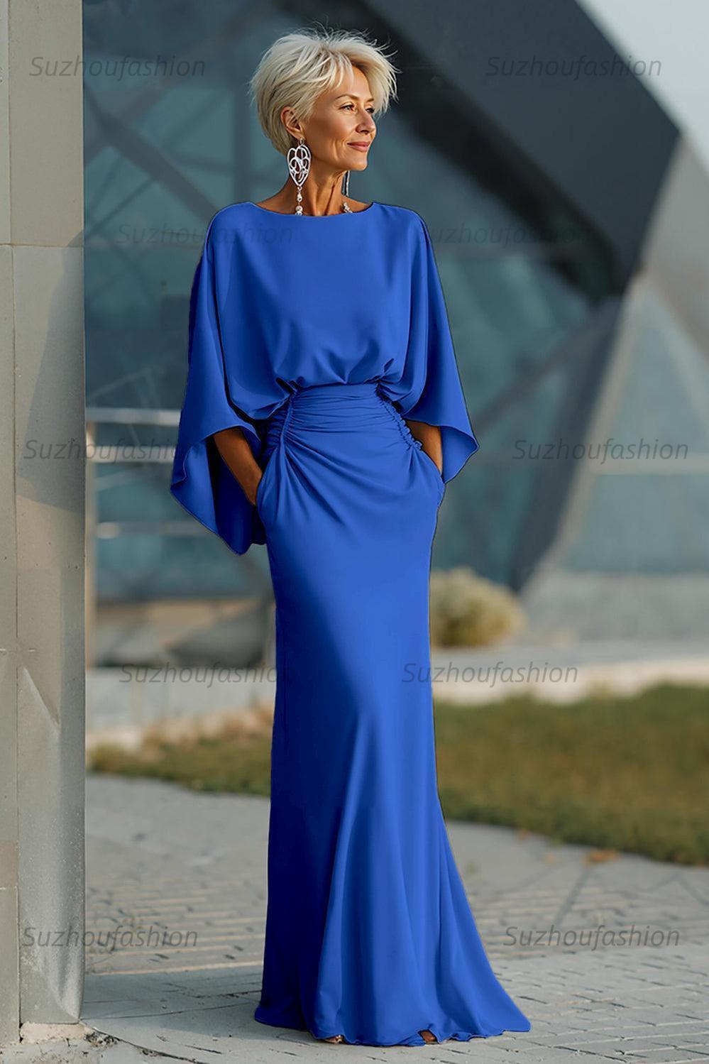 Dreamyannie Elegant Navy Satin Mermaid Backless Long Mother Of The Bride Dress With Pockets