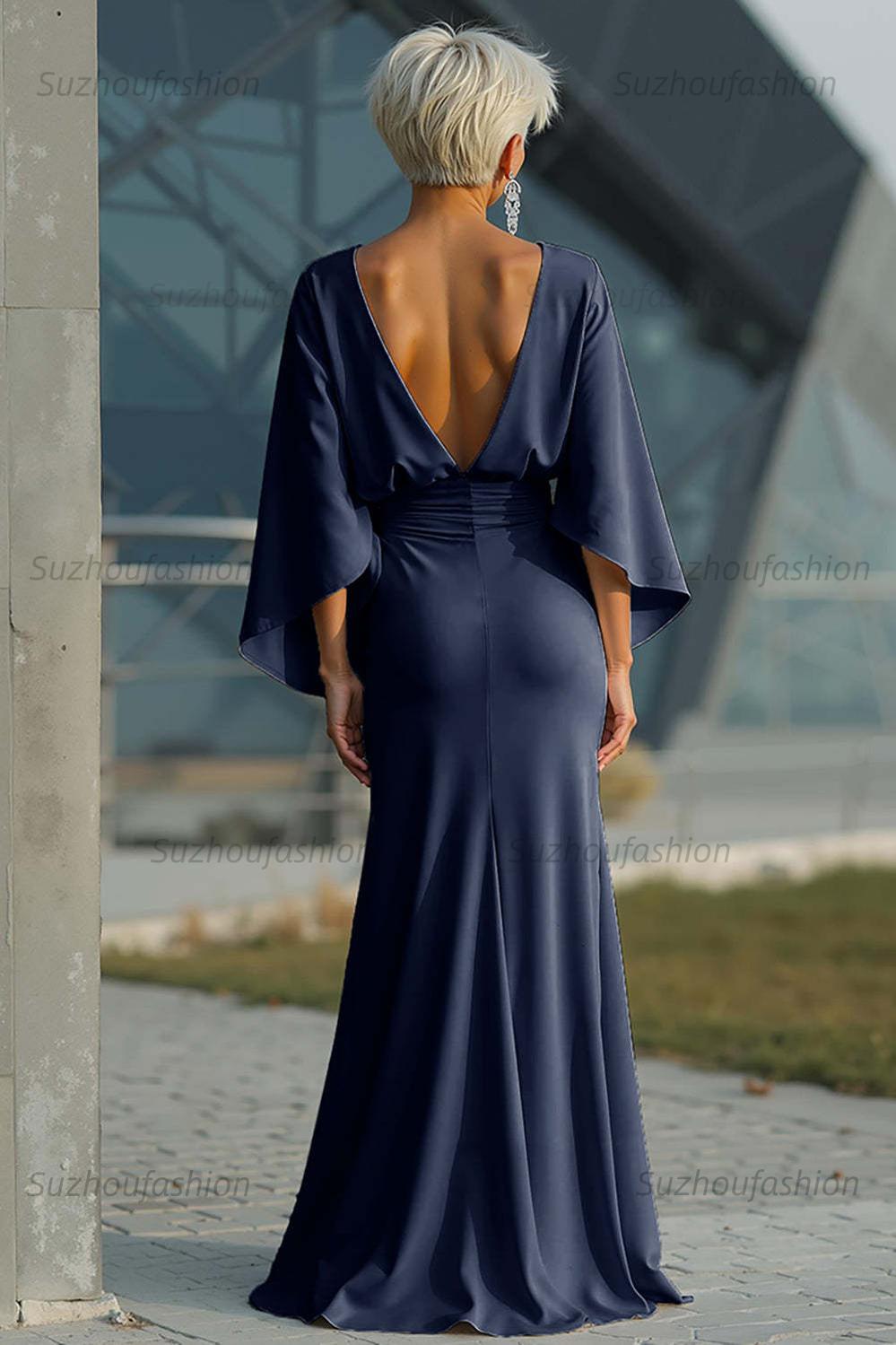 Dreamyannie Elegant Navy Satin Mermaid Backless Long Mother Of The Bride Dress With Pockets