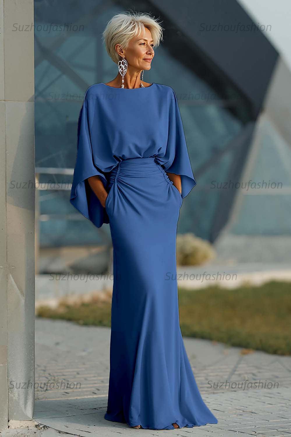 Dreamyannie Elegant Navy Satin Mermaid Backless Long Mother Of The Bride Dress With Pockets
