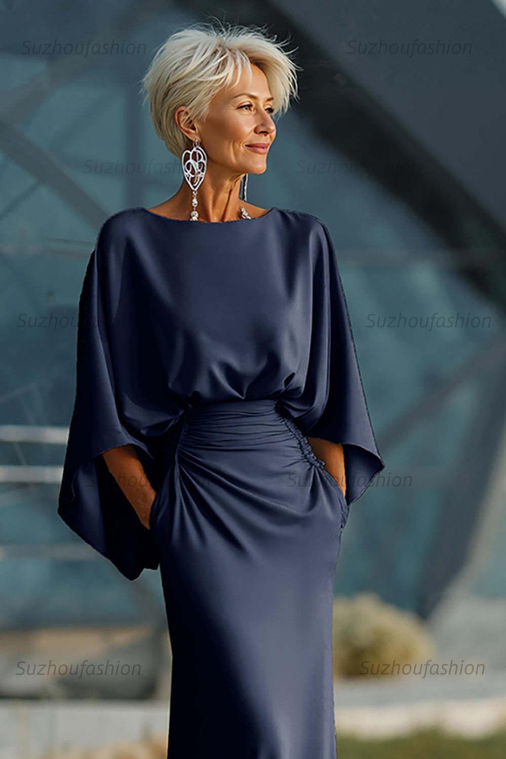 Dreamyannie Elegant Navy Satin Mermaid Backless Long Mother Of The Bride Dress With Pockets