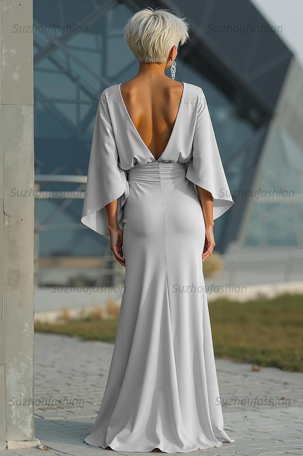Dreamyannie Elegant Navy Satin Mermaid Backless Long Mother Of The Bride Dress With Pockets