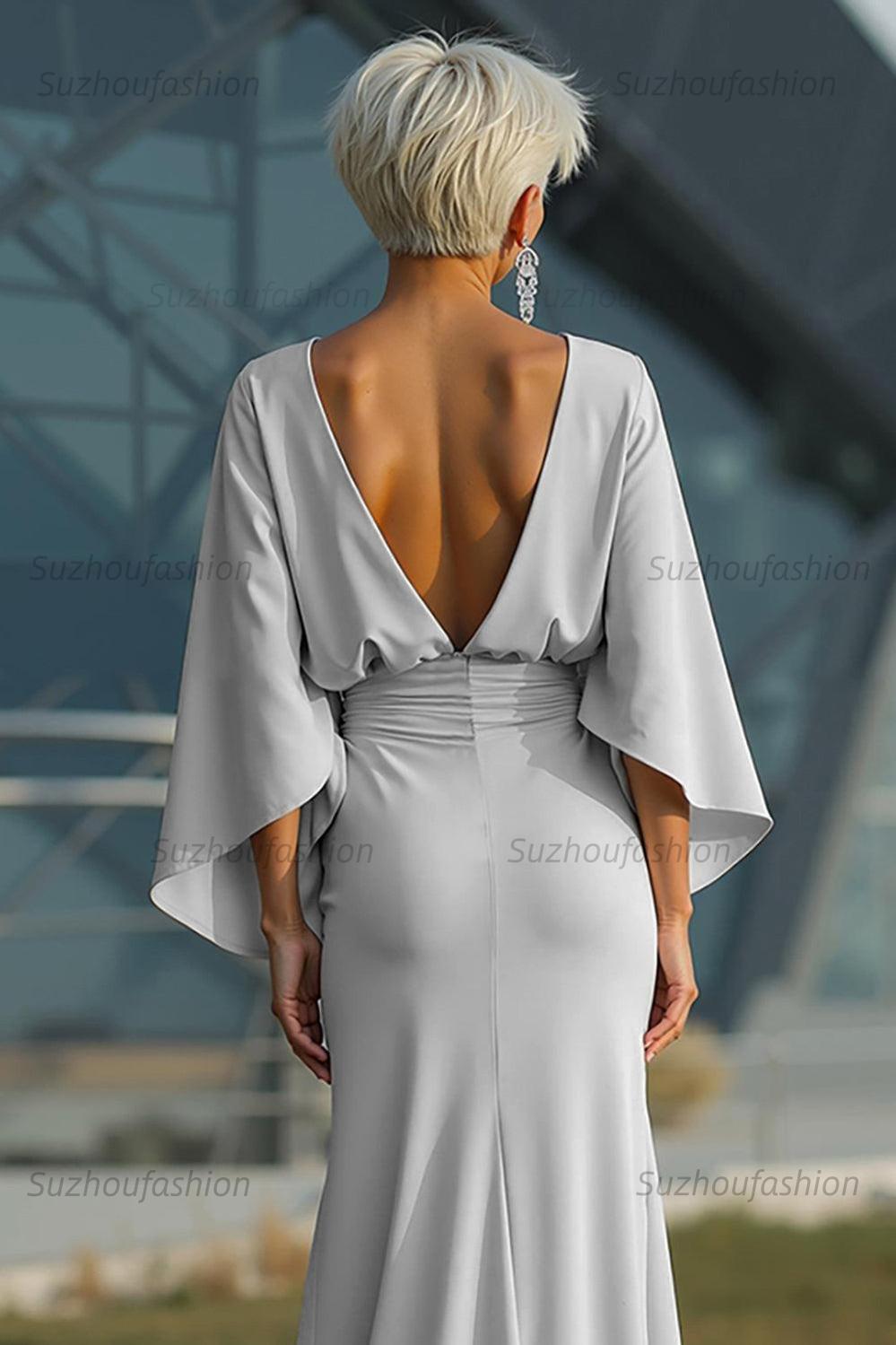 Dreamyannie Elegant Navy Satin Mermaid Backless Long Mother Of The Bride Dress With Pockets