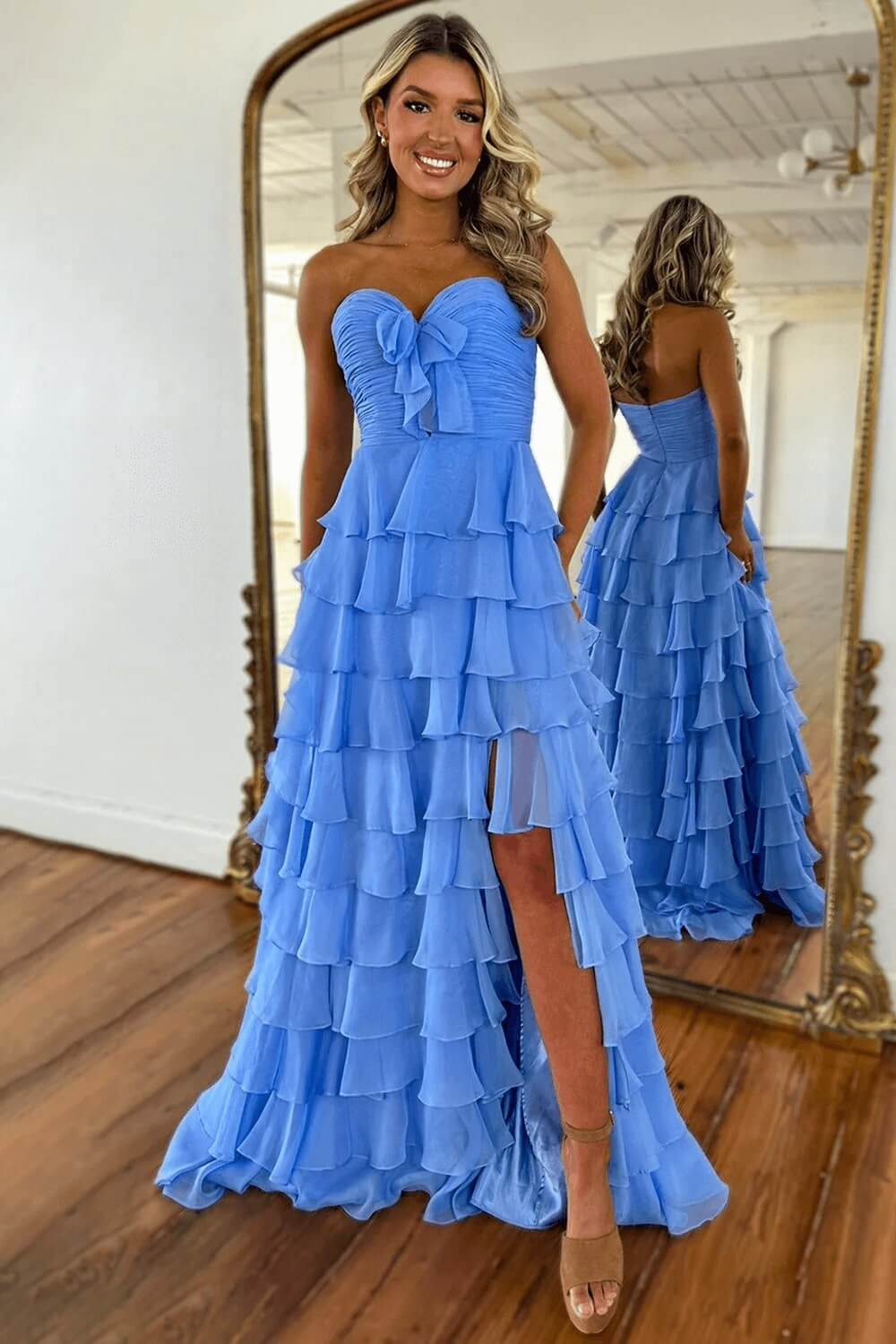 Fuchsia Prom Dress A-Line Sweetheart Tiered Formal Dress With Slit