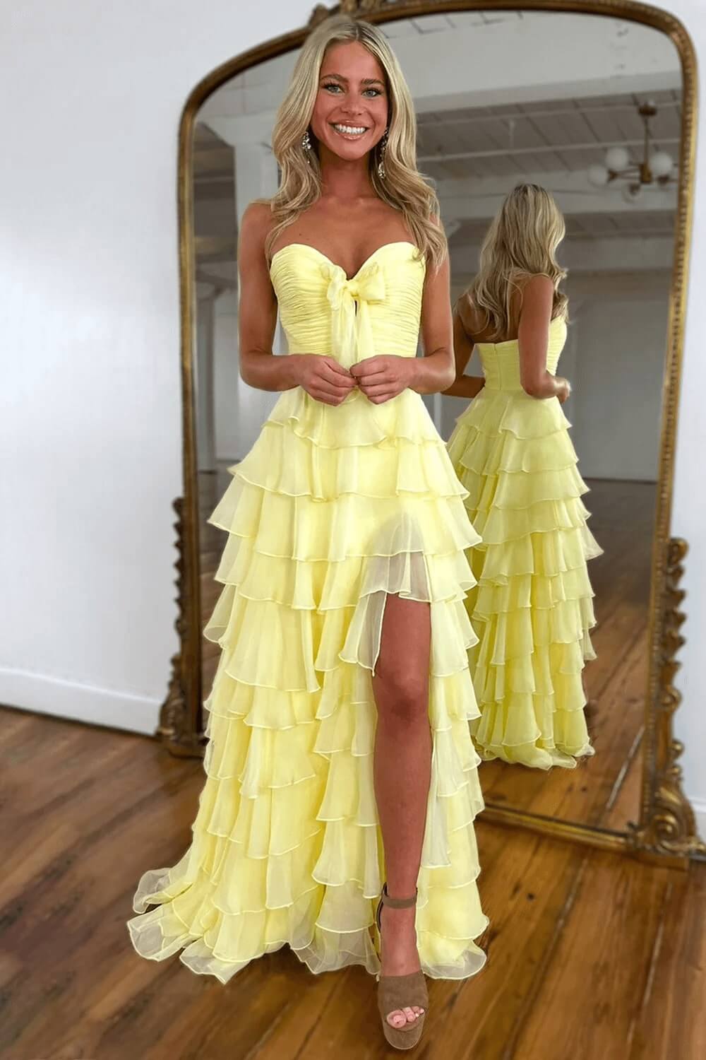 Fuchsia Prom Dress A-Line Sweetheart Tiered Formal Dress With Slit