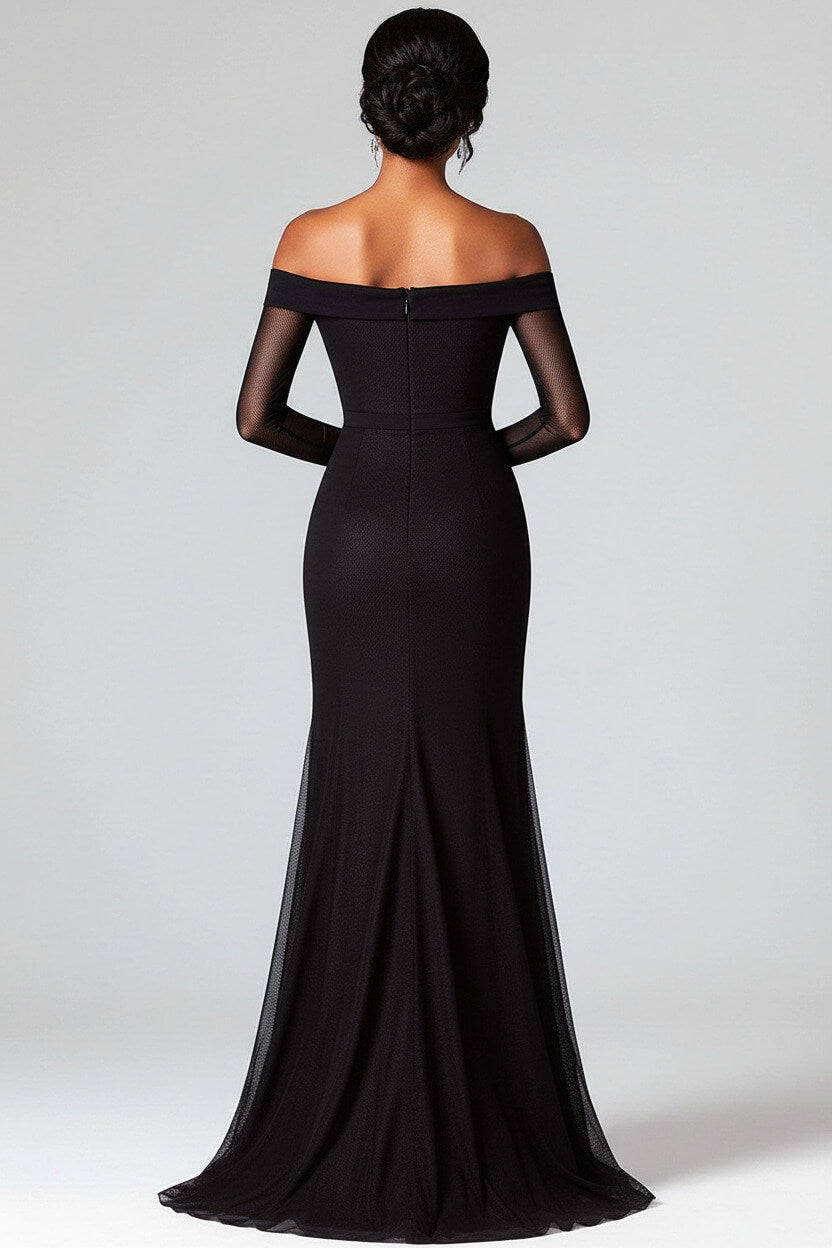 Mermaid Black Wedding Guest Dress Off The Shoulder Formal Dress With Mesh Long Sleeves