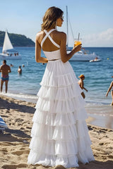 Halter Tiered White 2 Piece Ruffled Formal Dress