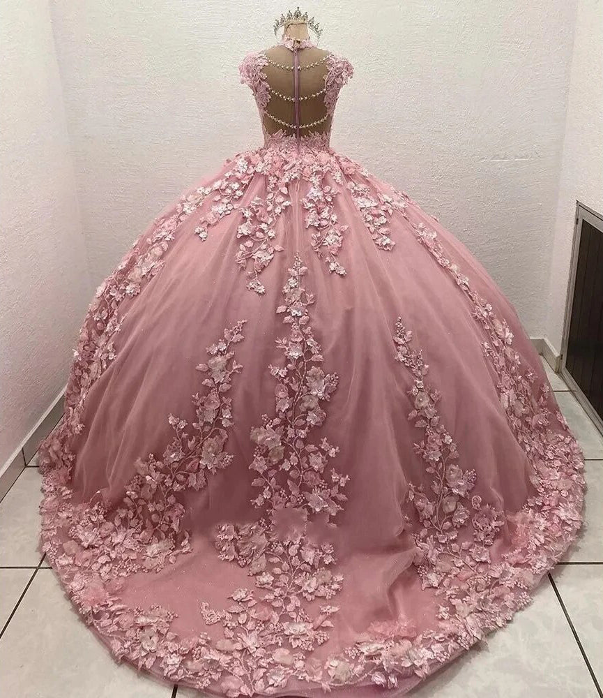 Dressystarselegant Ball Gown Sweetheart Neck Sleeveless 3D Flower Appliques Beaded Pink Tulle Princess Gown Quinceanera Dress For Sweet 16