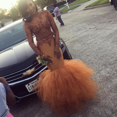 Dust Orange Long Sleeve Mermaid Prom Dress With Beads Appliques
