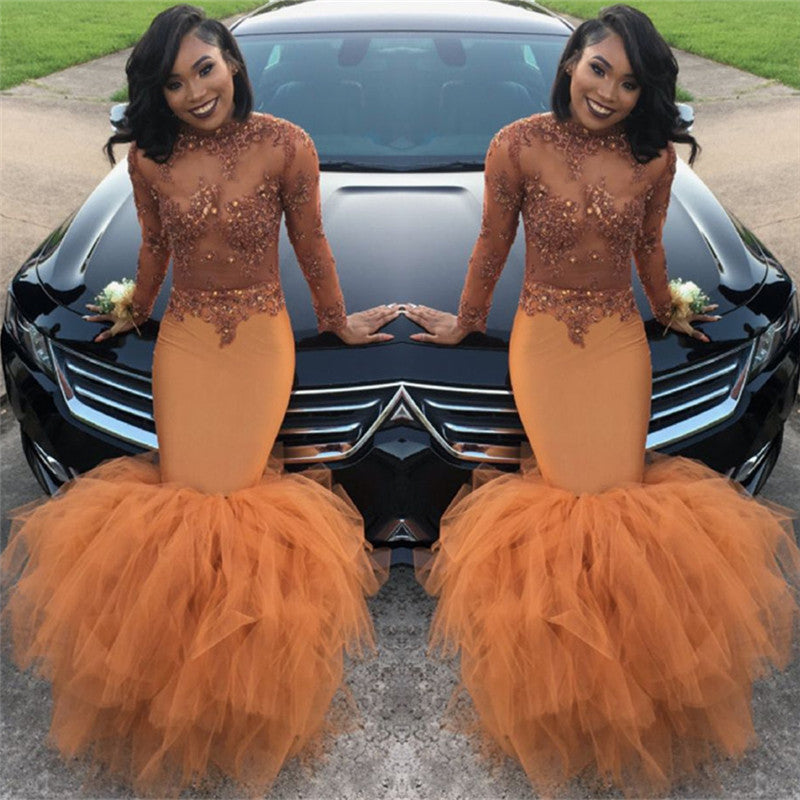 Dust Orange Long Sleeve Mermaid Prom Dress With Beads Appliques
