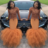 Dust Orange Long Sleeve Mermaid Prom Dress With Beads Appliques