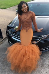 Dust Orange Long Sleeve Mermaid Prom Dress With Beads Appliques