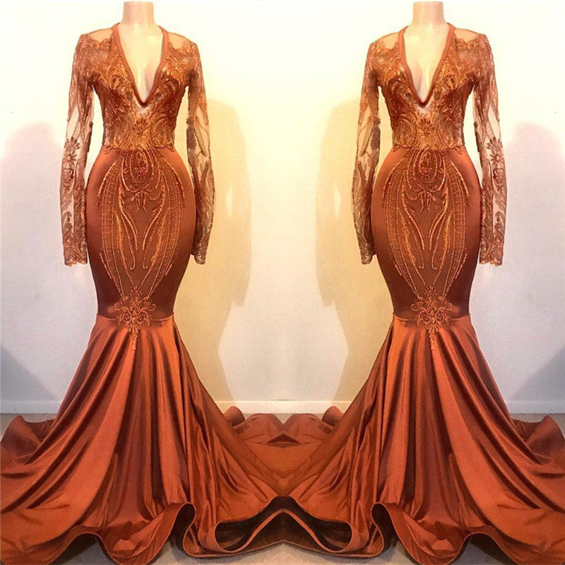 Dust Orange Mermaid Prom Dresses Long Sleeves With Lace Appliques BC1115
