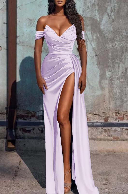 Dusty Blue Off-the-Shoulder Satin Mermaid Prom Dress Side Slit Party Gown