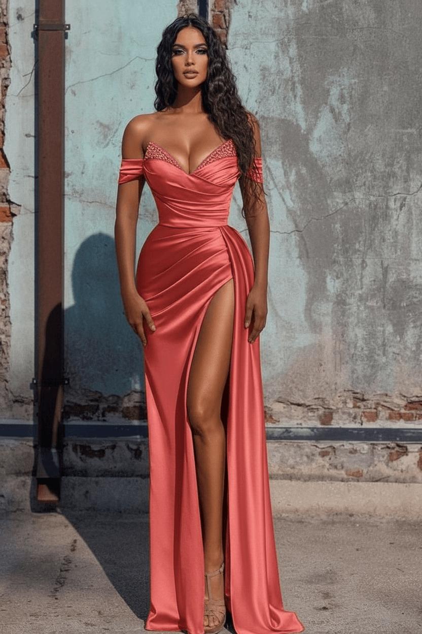 Dusty Blue Off-the-Shoulder Satin Mermaid Prom Dress Side Slit Party Gown