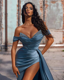 Dusty Blue Off-the-Shoulder Satin Mermaid Prom Dress Side Slit Party Gown
